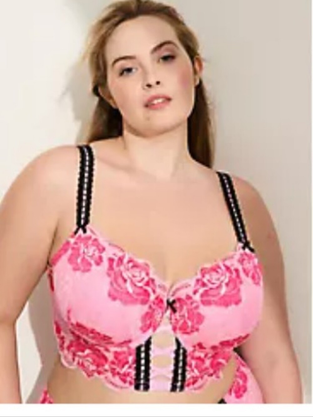Plus Size Pink Floral Longline Bra with Black Trim